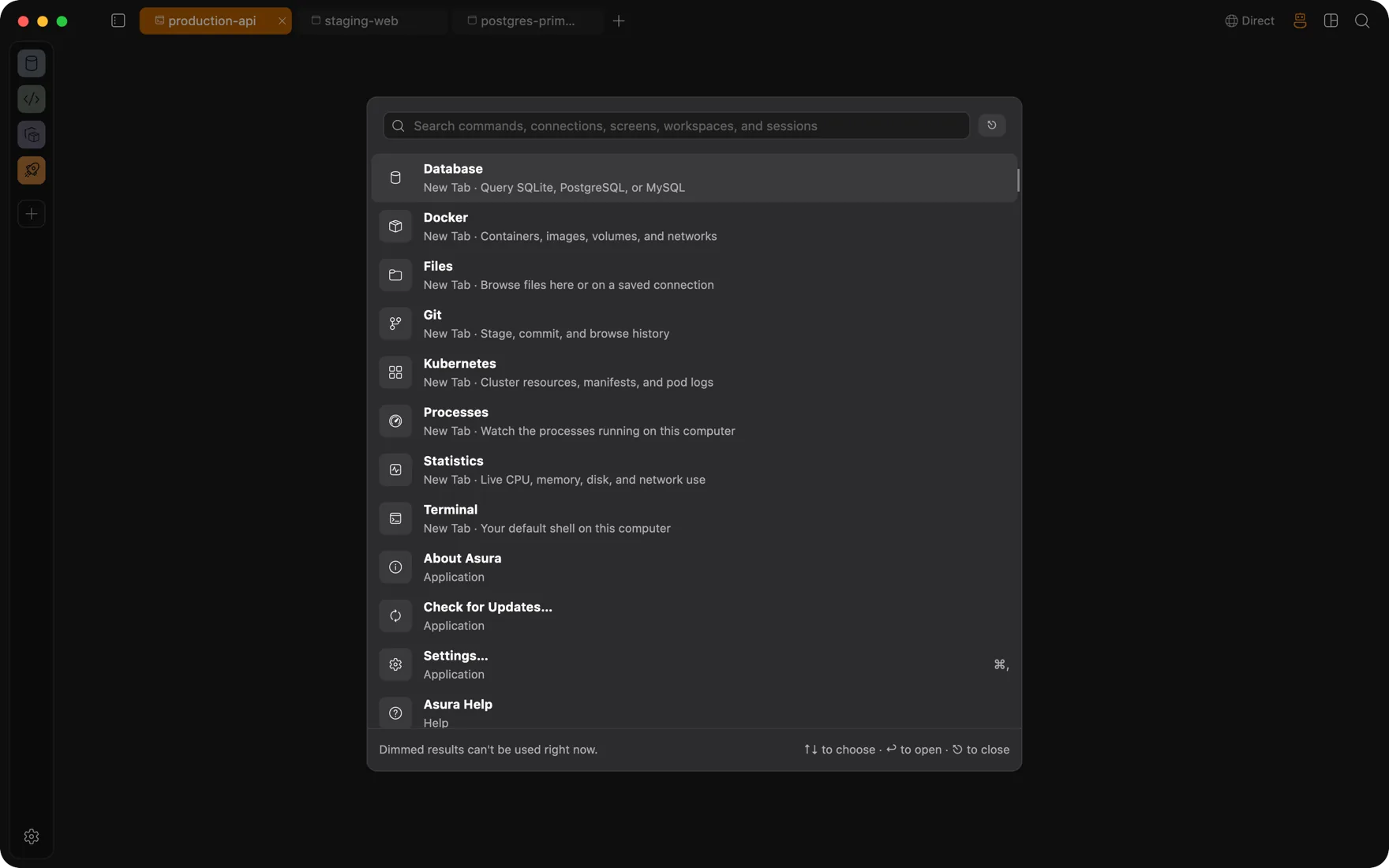 The command palette listing new panels, commands, and settings