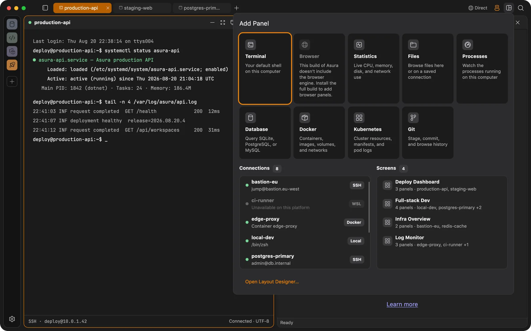 The Add Panel chooser with connections and saved screens