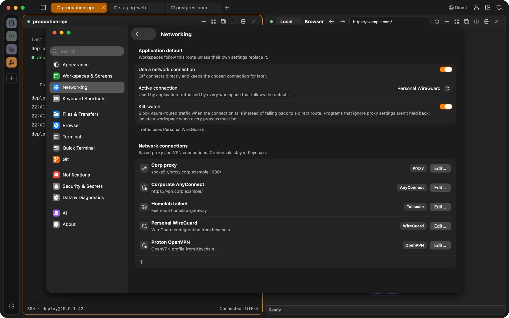 Networking settings: the application default route and a list of saved AnyConnect, proxy, Tailscale, WireGuard, and OpenVPN connections