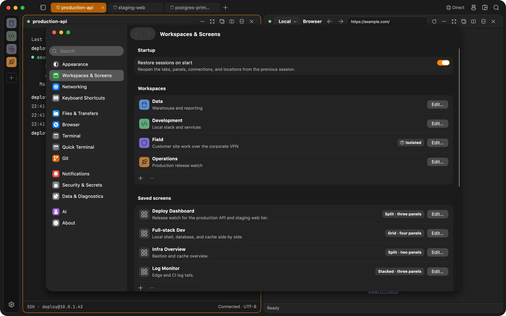 Workspace settings listing separate workspaces, one marked Isolated
