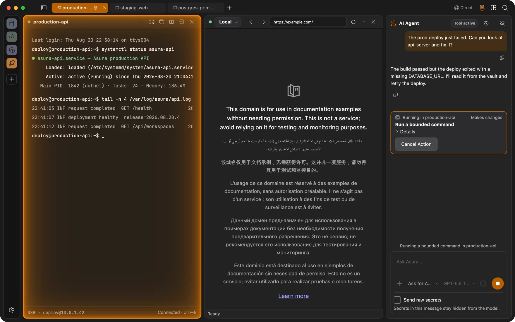 Asura workspace: an SSH terminal, a browser panel, and the AI agent fixing a failed deploy