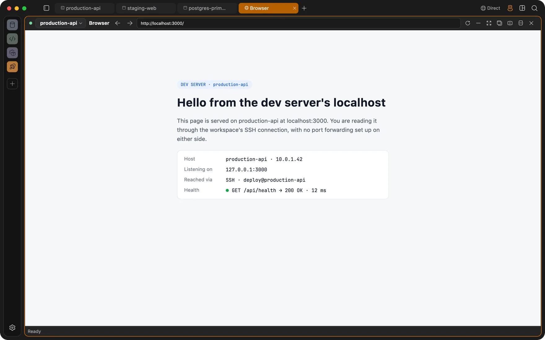 A browser panel bound to the production-api SSH connection showing a dev server page at localhost:3000