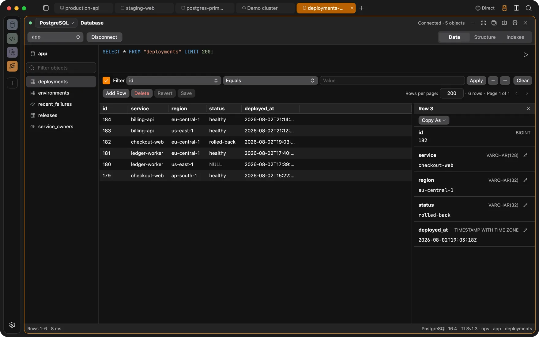 Database panel with a table grid and SQL editor beside a terminal