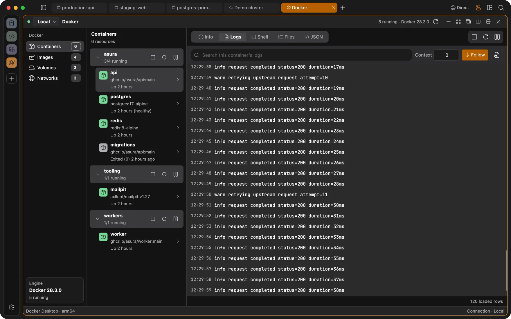 Docker panel streaming and searching container logs