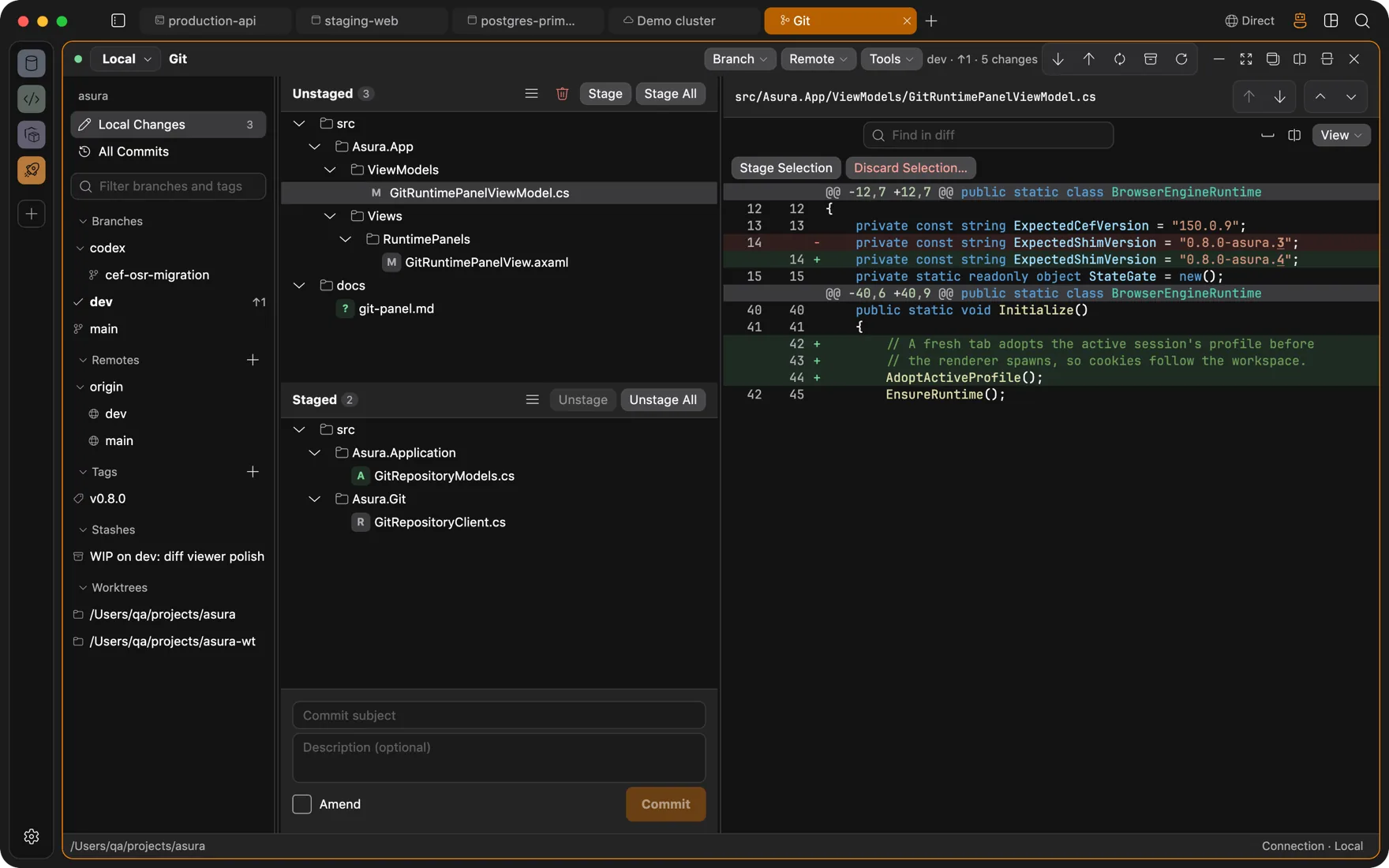 Git panel with staged files and a diff view