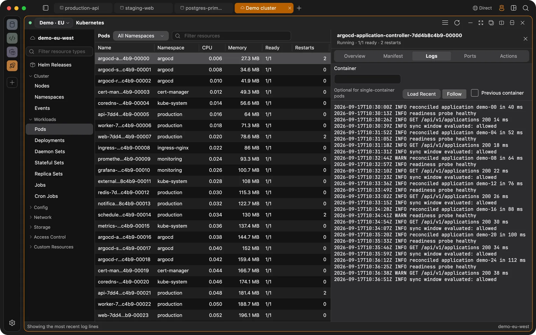 Streaming pod logs in the Kubernetes panel