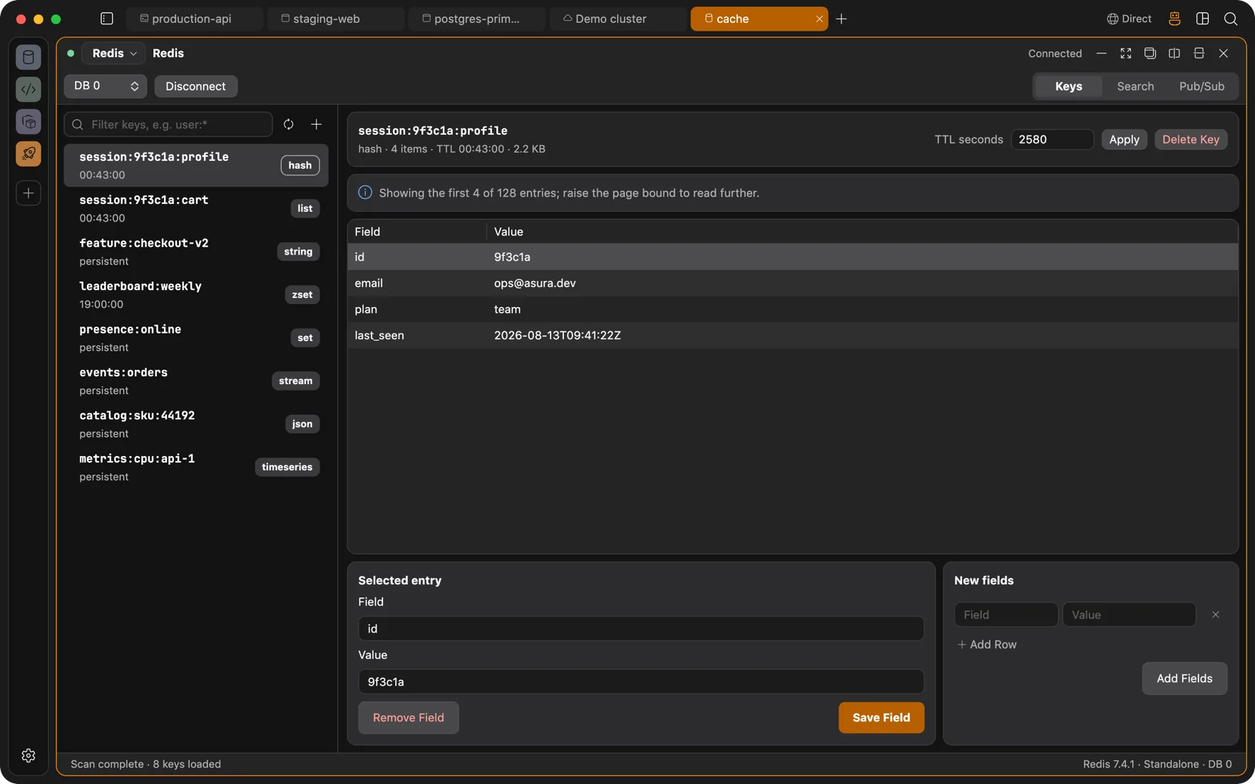 Redis panel with a key tree and a JSON value view