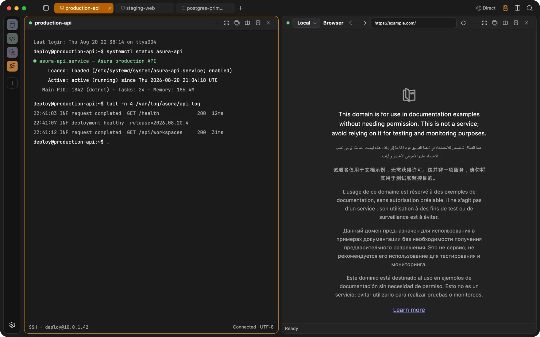 An SSH terminal running systemctl beside a browser panel on the same workspace